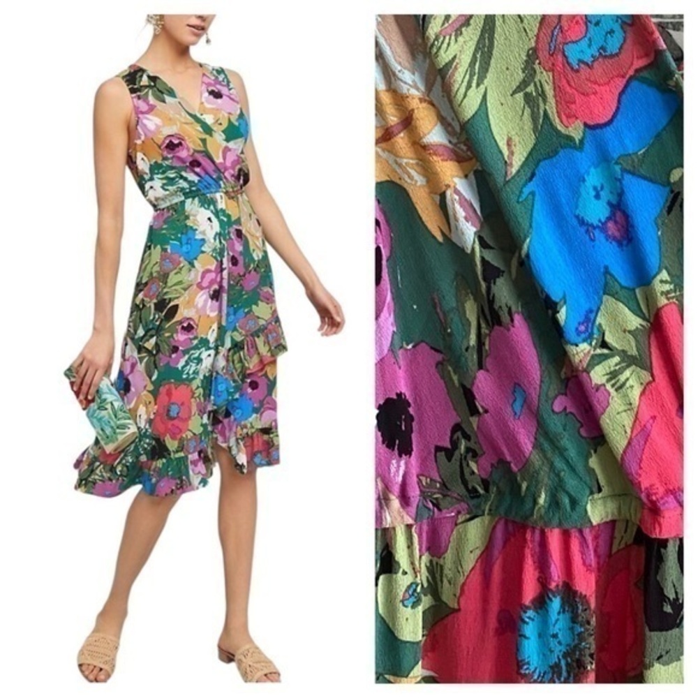 Anthropologie Plenty by Tracy Reese Colorful Floral Daphne Ruffle Hem Wrap Dress